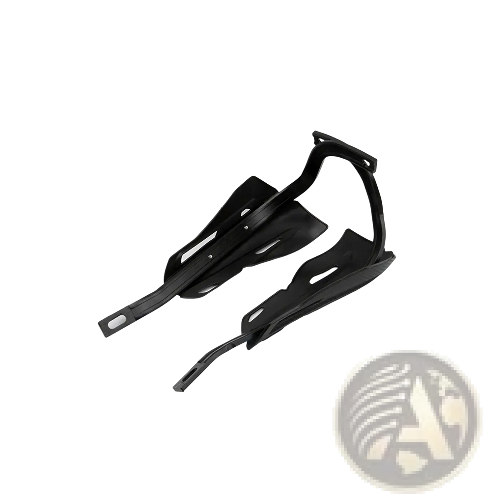 Black plastic bicycle water bottle cage with ergonomic design and integrated mounting clips for dirt bike handguard kit