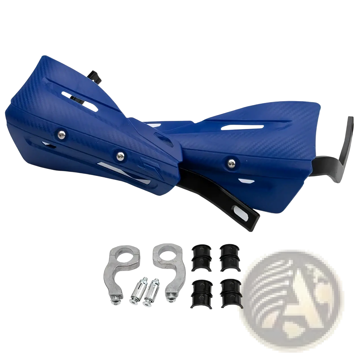 Universal dirt bike handguard mounting kit featuring blue hand guards with carbon fiber texture and black hardware