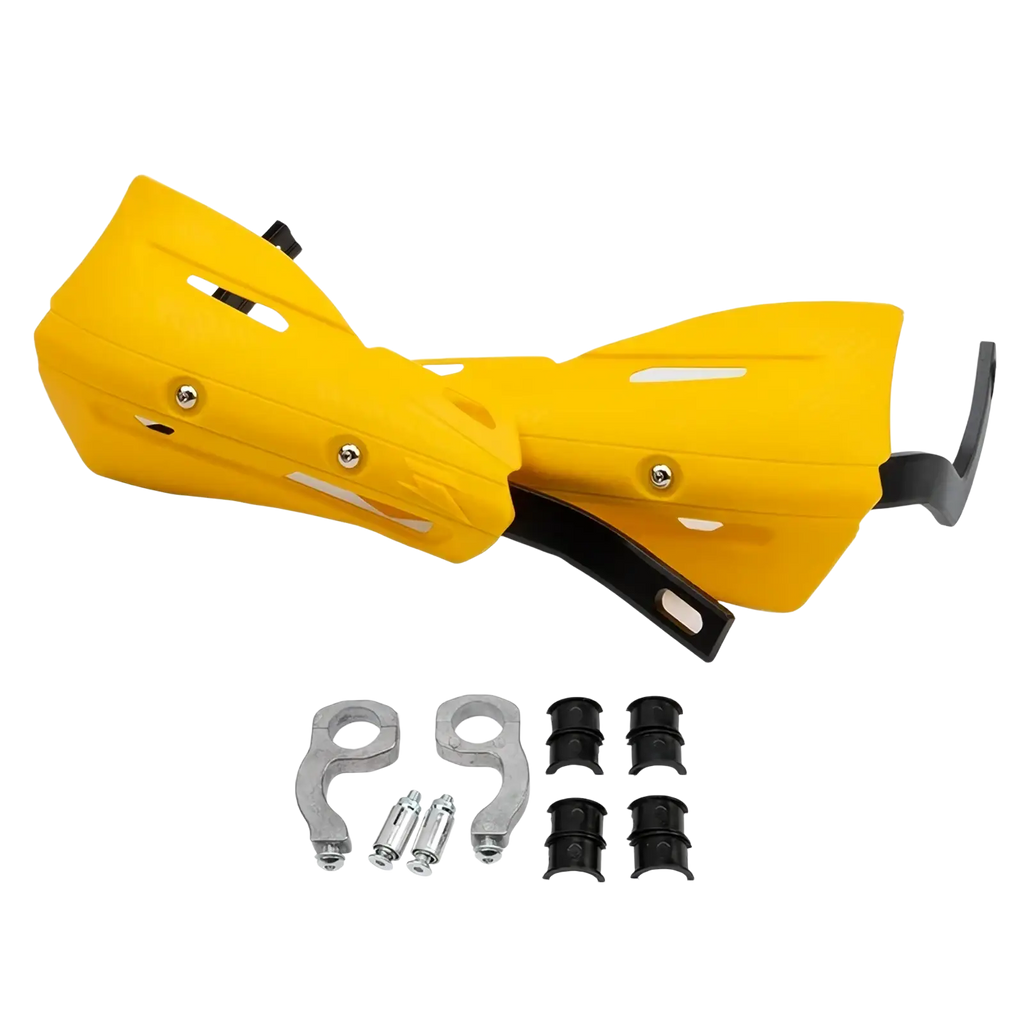 Universal dirt bike handguard mounting kit featuring bright yellow plastic hand guards with black metal mounting hardware