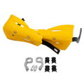 Universal dirt bike handguard mounting kit featuring bright yellow plastic hand guards with black metal mounting hardware