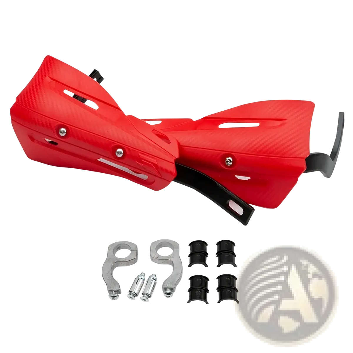 Universal dirt bike handguard mounting kit featuring red handguards with carbon fiber texture and black hardware