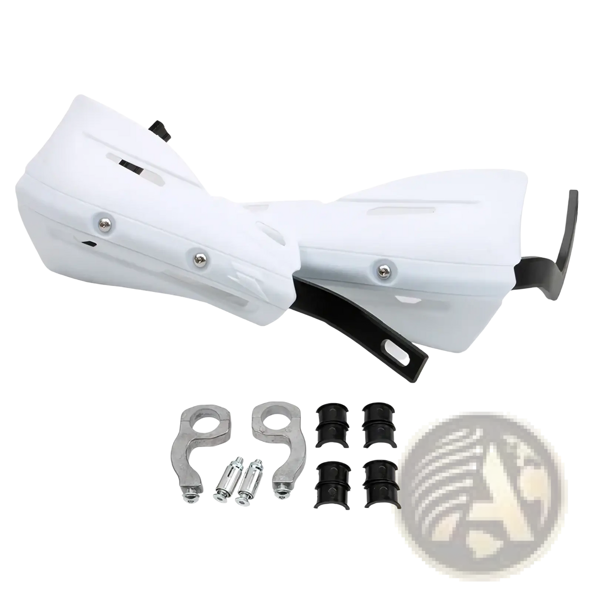 White universal dirt bike handguards with black mounting brackets and hardware showing the back side of the product
