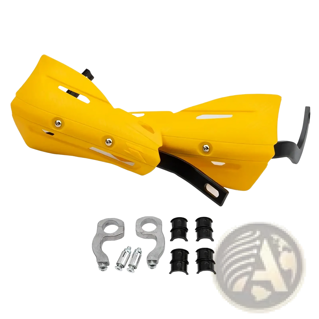 Universal dirt bike handguard mounting kit featuring bright yellow plastic hand guards with black metal mounting hardware