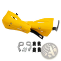 Universal dirt bike handguard mounting kit featuring bright yellow plastic hand guards with black metal mounting hardware