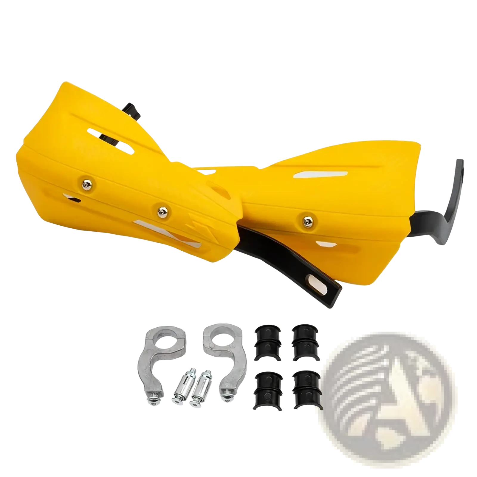 Universal dirt bike handguard mounting kit featuring bright yellow plastic hand guards with black metal mounting hardware