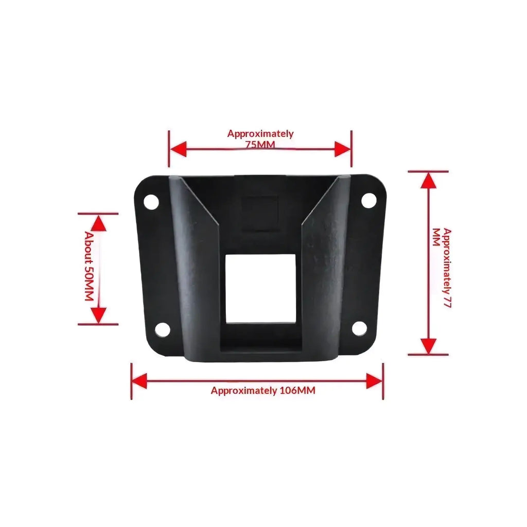 Black plastic mounting bracket with central rectangular opening and four corner holes for universal folding bike bag mount kit