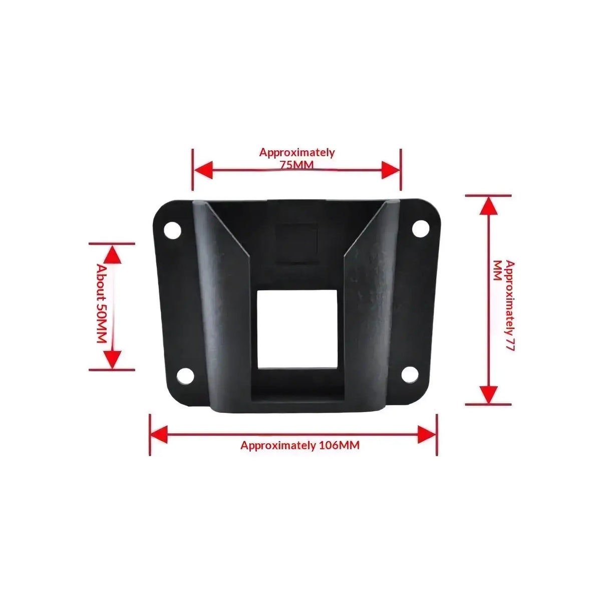 Black plastic mounting bracket with central rectangular opening and four corner holes for universal folding bike bag mount kit