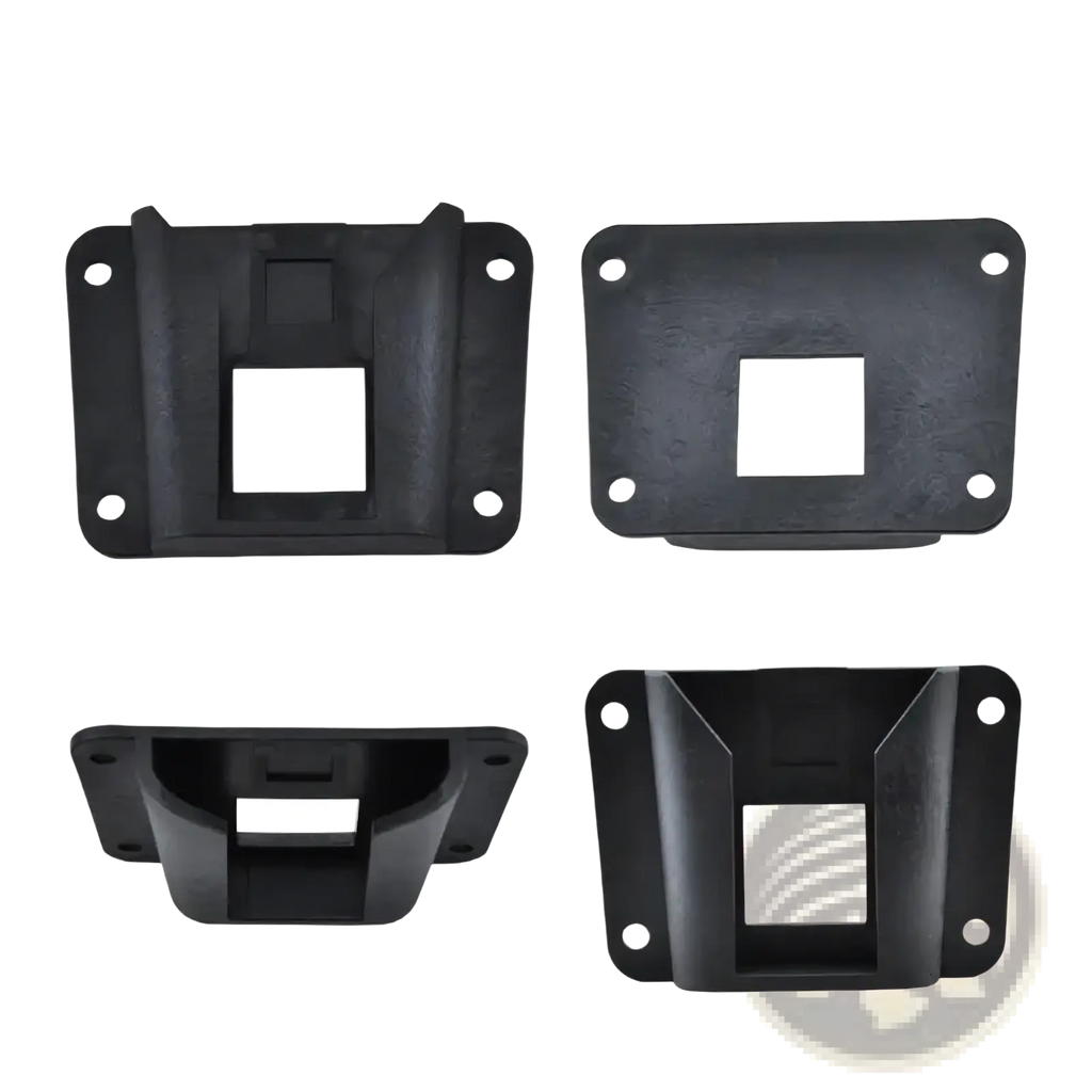Black plastic mounting bracket with four corner holes and central square opening for universal folding bike bag mount kit