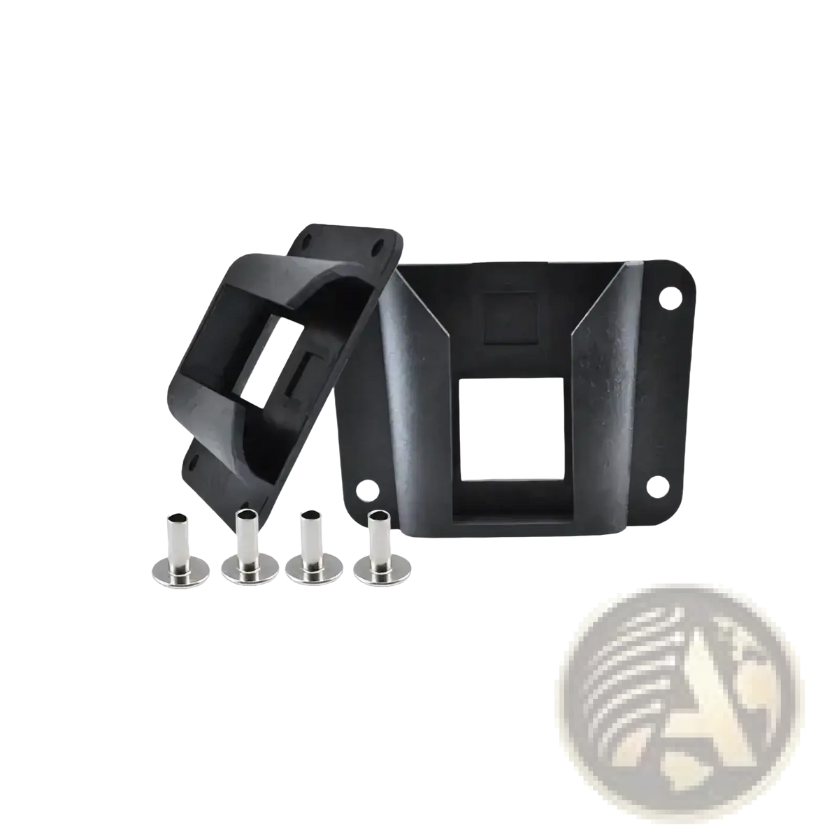Black plastic universal folding bike bag mount kit bracket with four silver screws visible from the back side