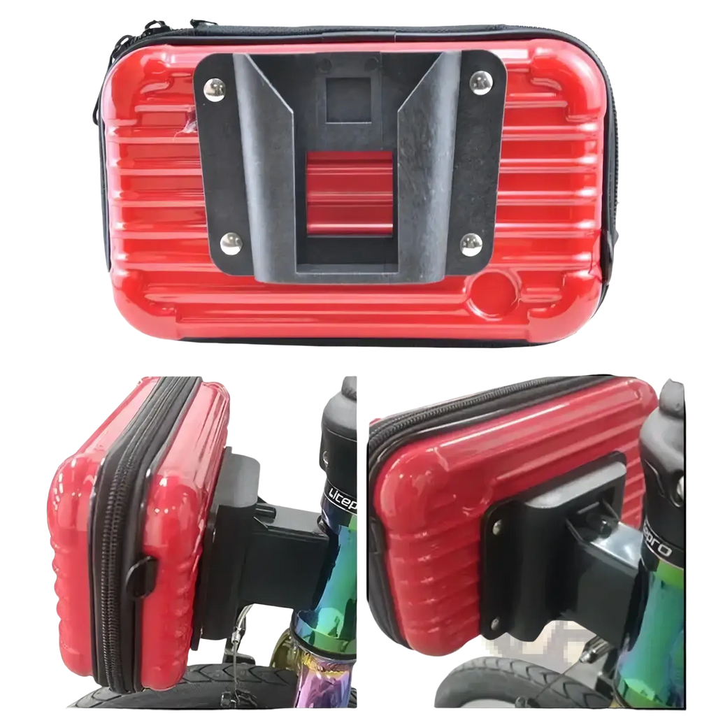 Universal folding bike bag mount kit with red ribbed hard-shell bike bag and black mounting bracket visible from the back side