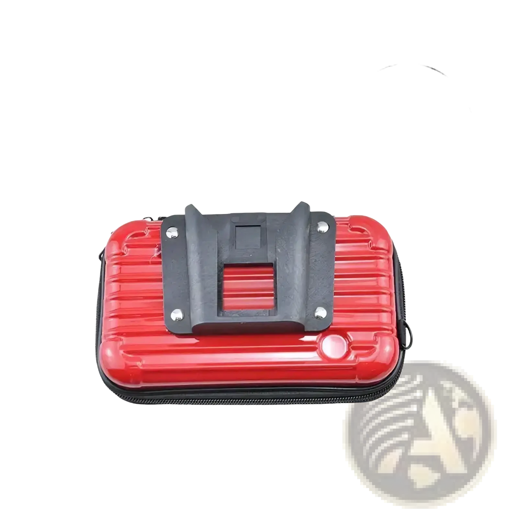 Red ribbed hard-shell phone case with black mounting bracket shown from the back in universal folding bike bag mount kit