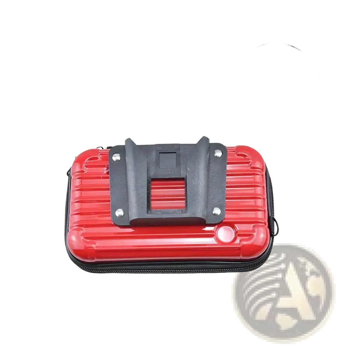 Red ribbed hard-shell phone case with black mounting bracket shown from the back in universal folding bike bag mount kit