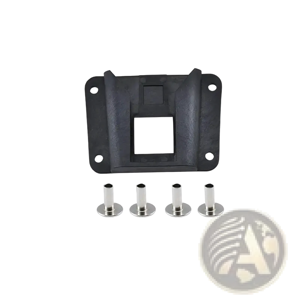 Black plastic universal folding bike bag mount bracket with four silver metal screws for secure attachment