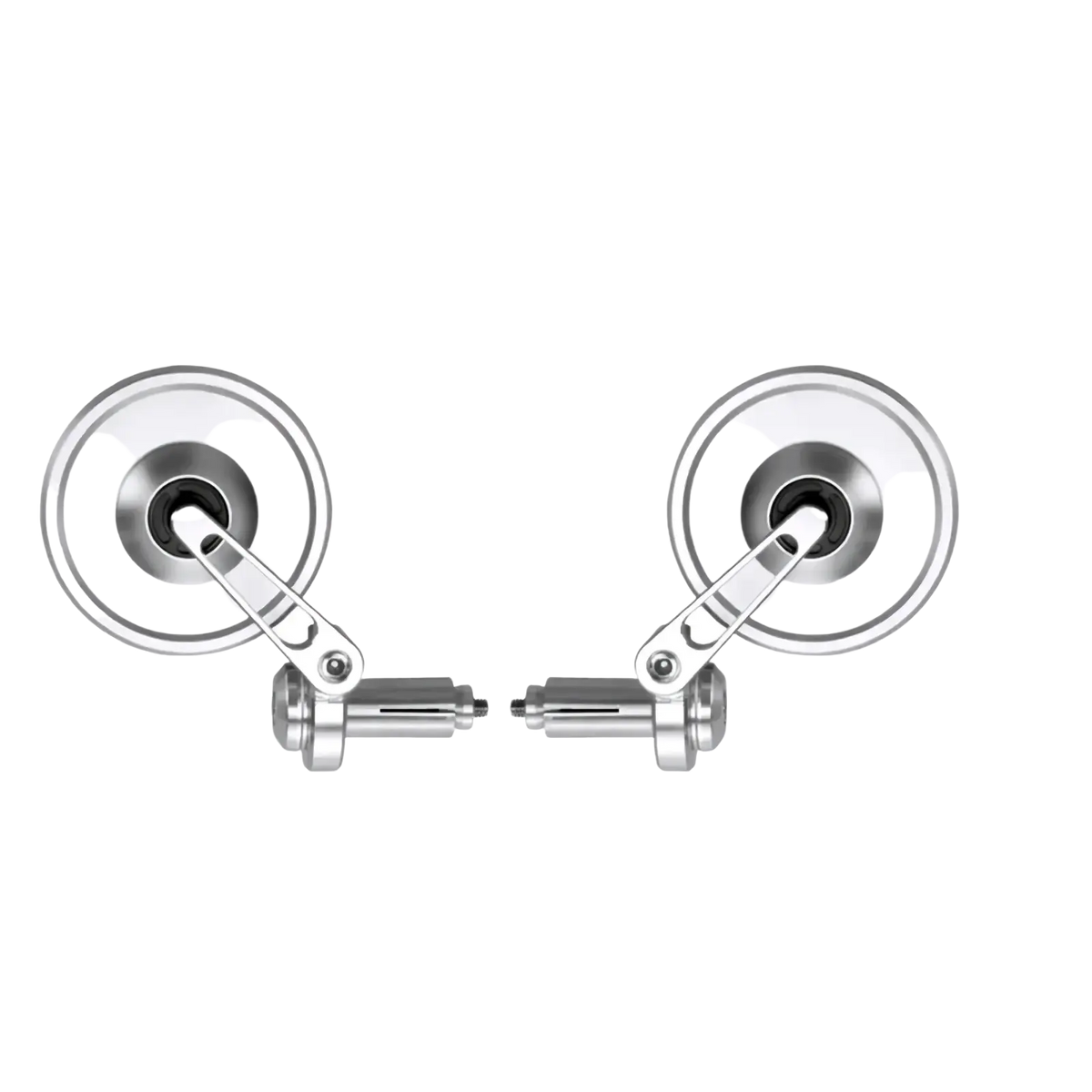 Silver universal handlebar motorcycle mirrors with circular reflective surfaces and metallic arms for enhanced visibility