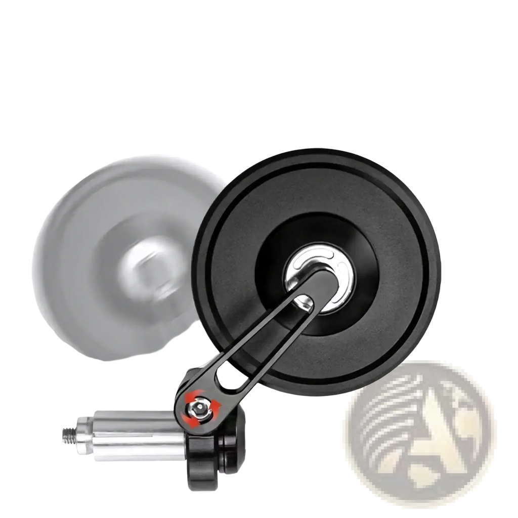 Universal handlebar motorcycle mirror black with silver metallic arm and red accent on adjustable rearview pivot point