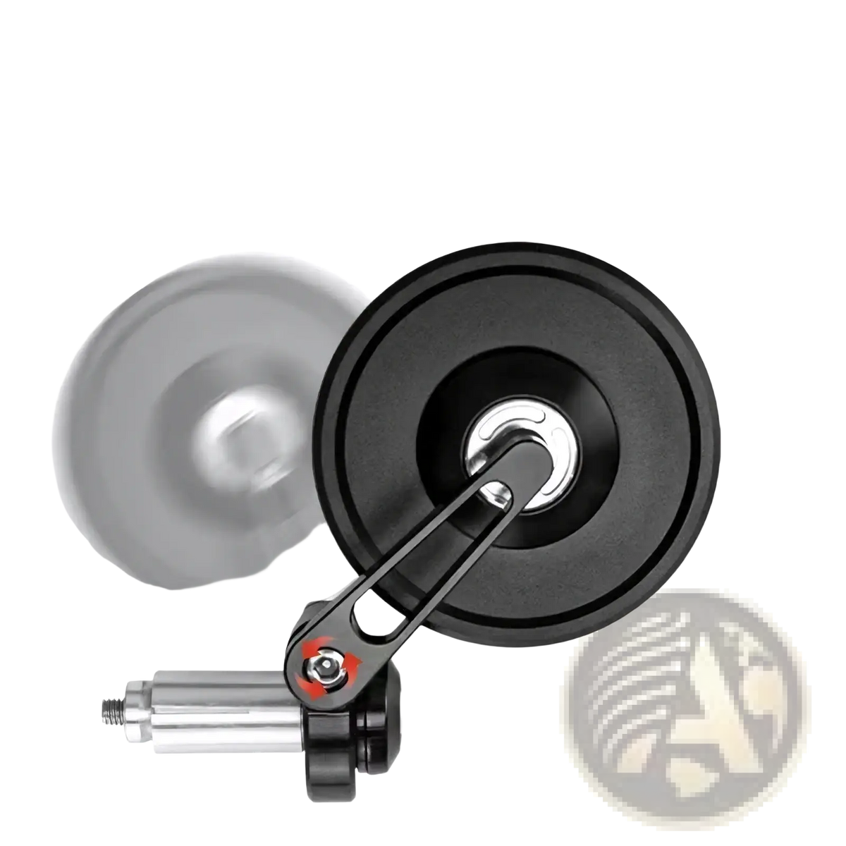 Universal handlebar motorcycle mirror black with silver metallic arm and red accent on adjustable rearview pivot point
