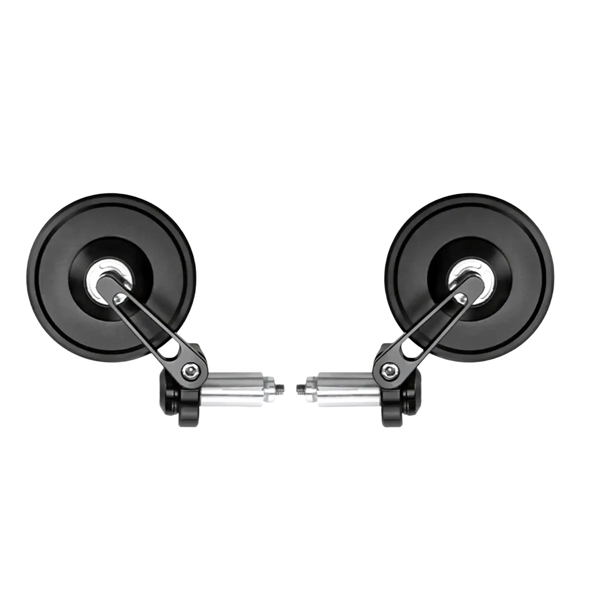 Black circular universal handlebar motorcycle mirrors with sleek silver metallic arms and mounting hardware