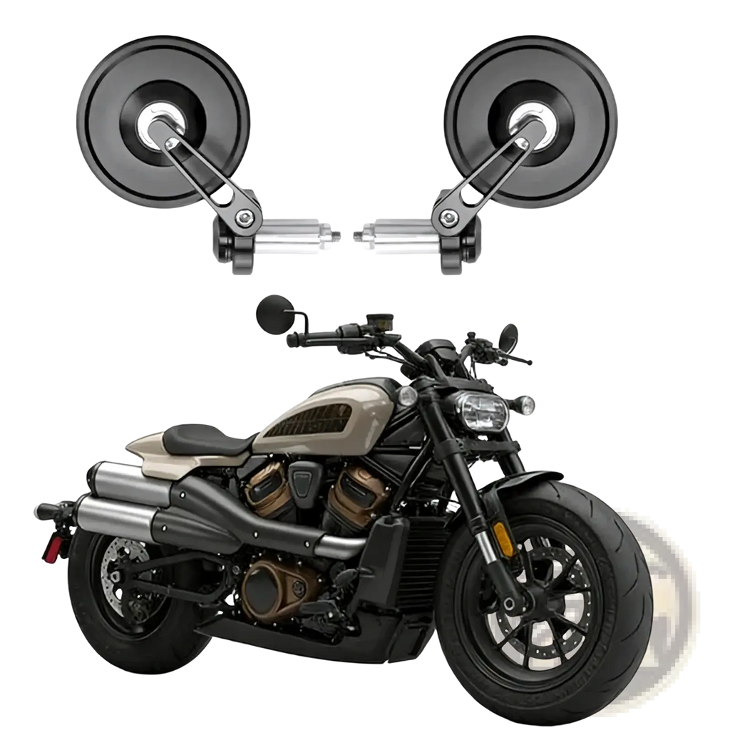 Universal handlebar motorcycle mirrors black and silver with adjustable circular design and sleek metallic finish