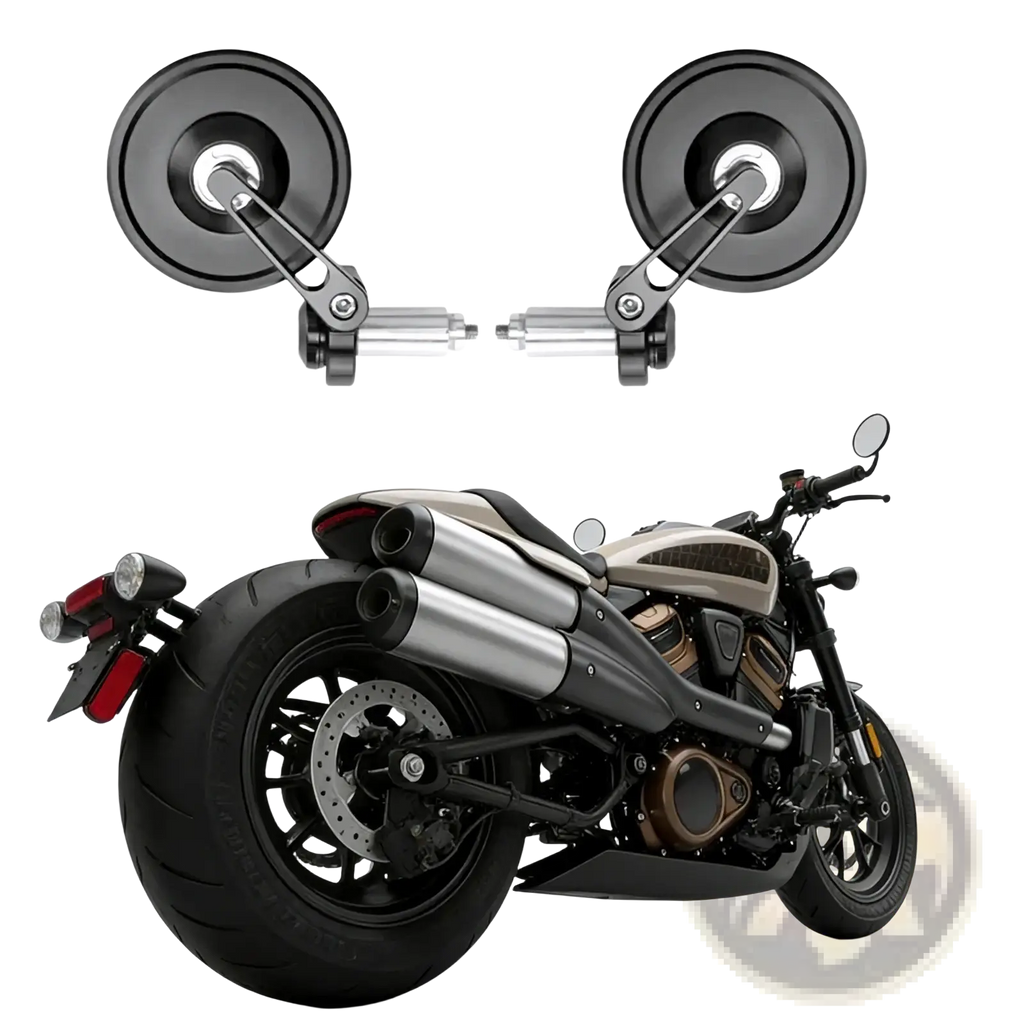Universal handlebar motorcycle mirrors black and silver with adjustable black circular mirrors and metallic mounting arms