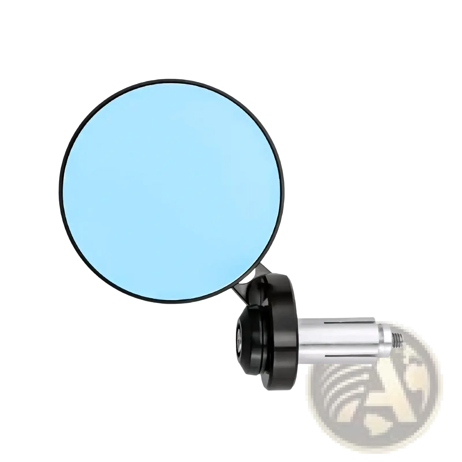 Universal handlebar motorcycle mirrors with circular blue tinted glass, black frame, and metallic silver mounting stem