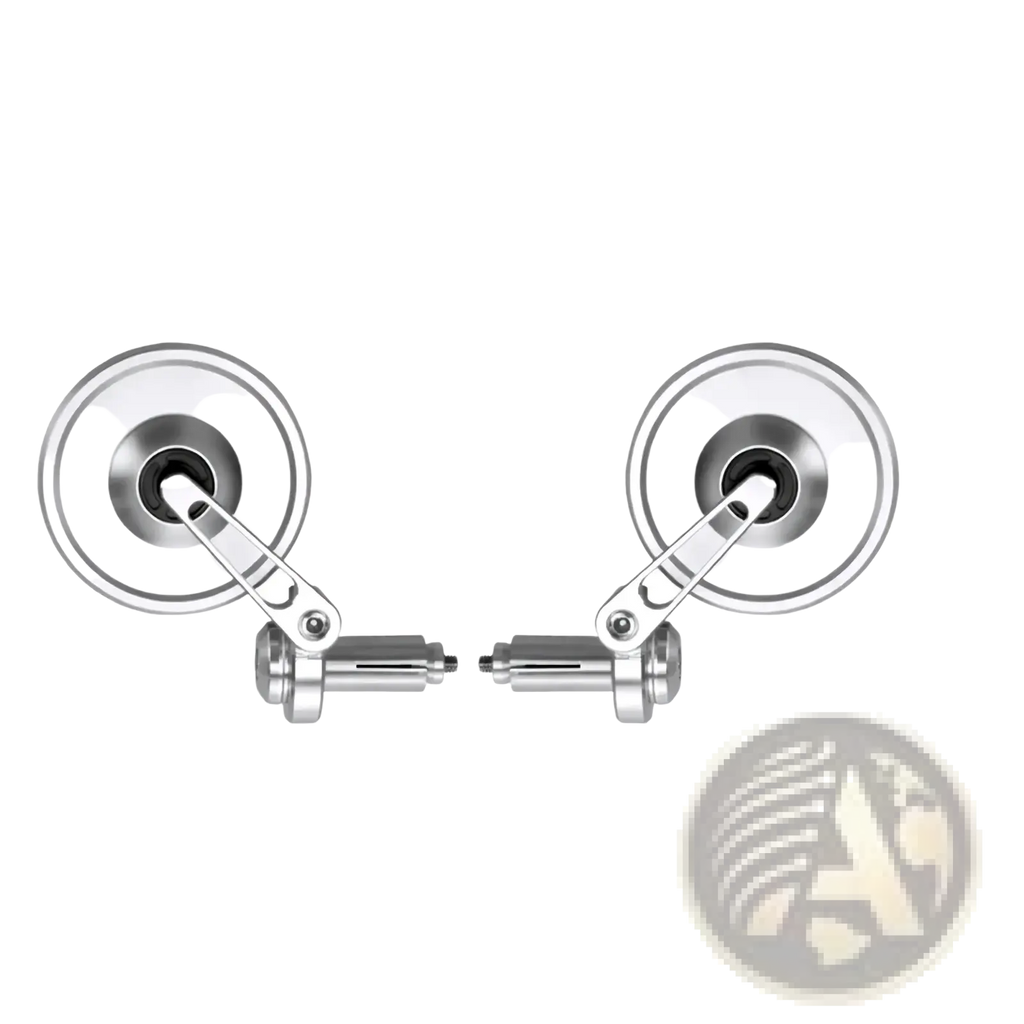 Silver universal handlebar motorcycle mirrors with circular reflective surfaces and metallic arms for enhanced visibility