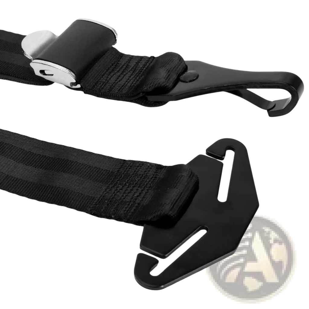 Universal Isofix car seat belt extender with black fabric strap silver metal buckle and black plastic hooks visible