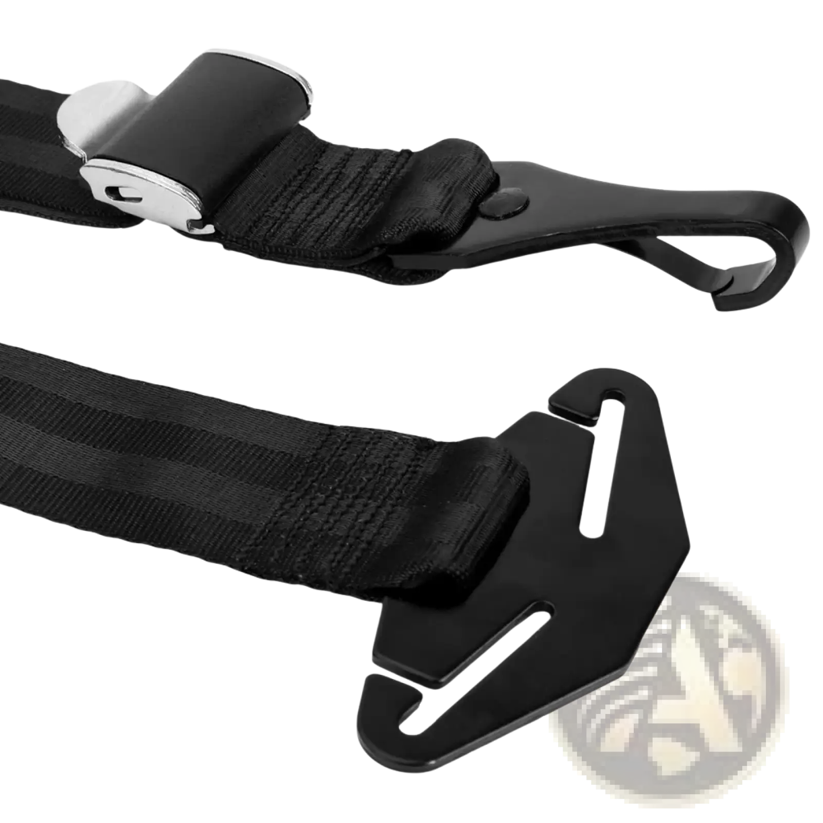 Universal Isofix car seat belt extender with black fabric strap silver metal buckle and black plastic hooks visible