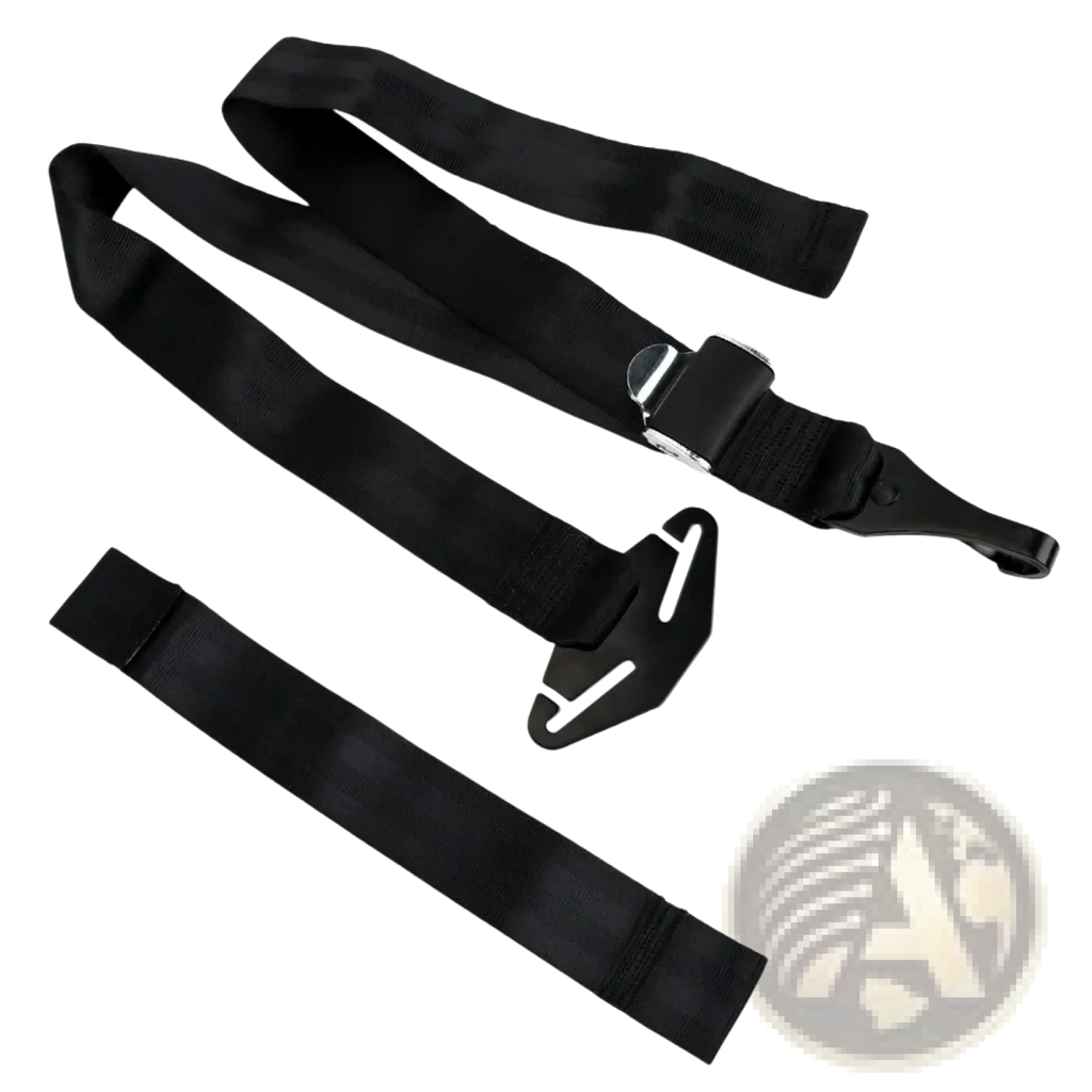 Black fabric universal isofix car seat belt extender with metal buckle and plastic clip attachments for secure fit