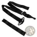 Black fabric universal isofix car seat belt extender with metal buckle and plastic clip attachments for secure fit