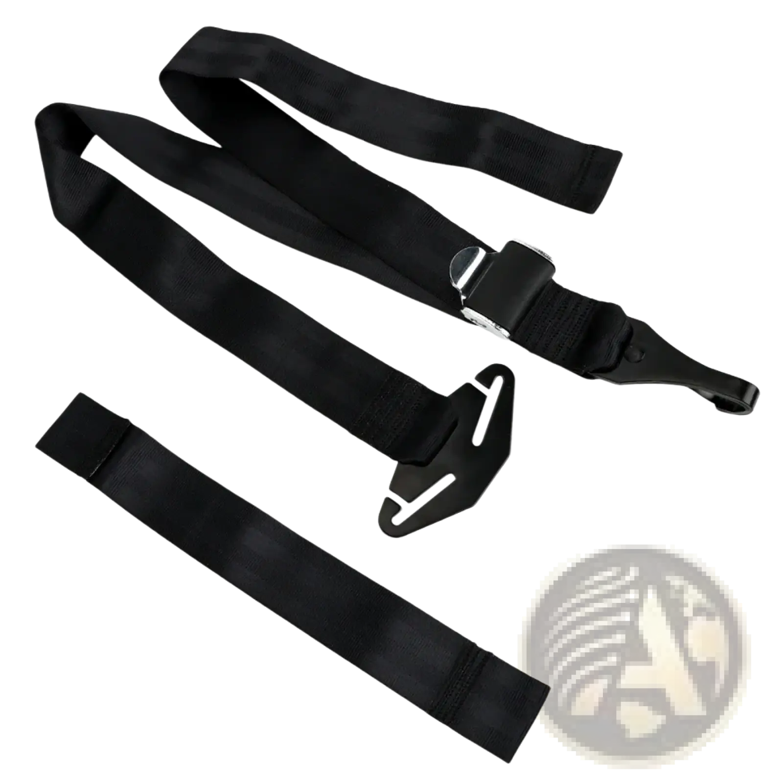 Black fabric universal isofix car seat belt extender with metal buckle and plastic clip attachments for secure fit