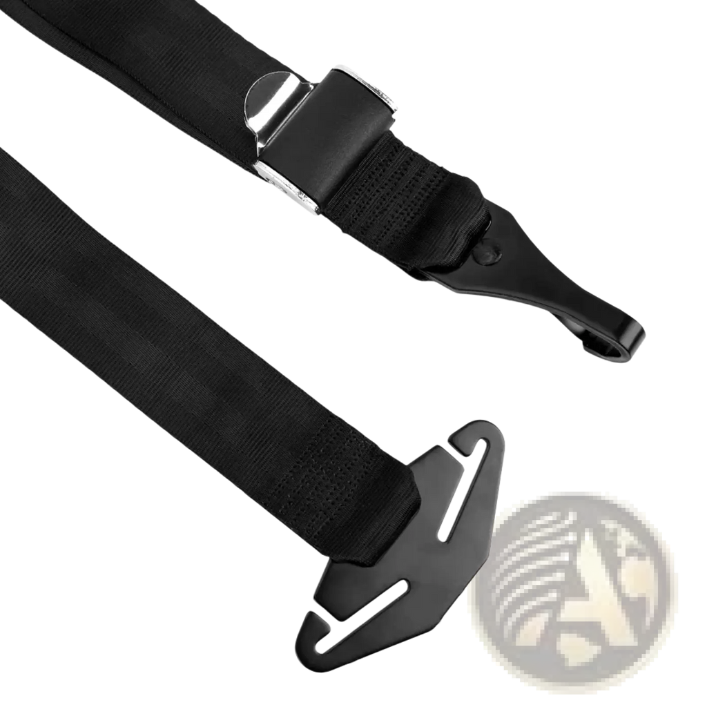 Black nylon universal Isofix car seat belt extender strap with silver buckle and black plastic hooks for vehicle safety