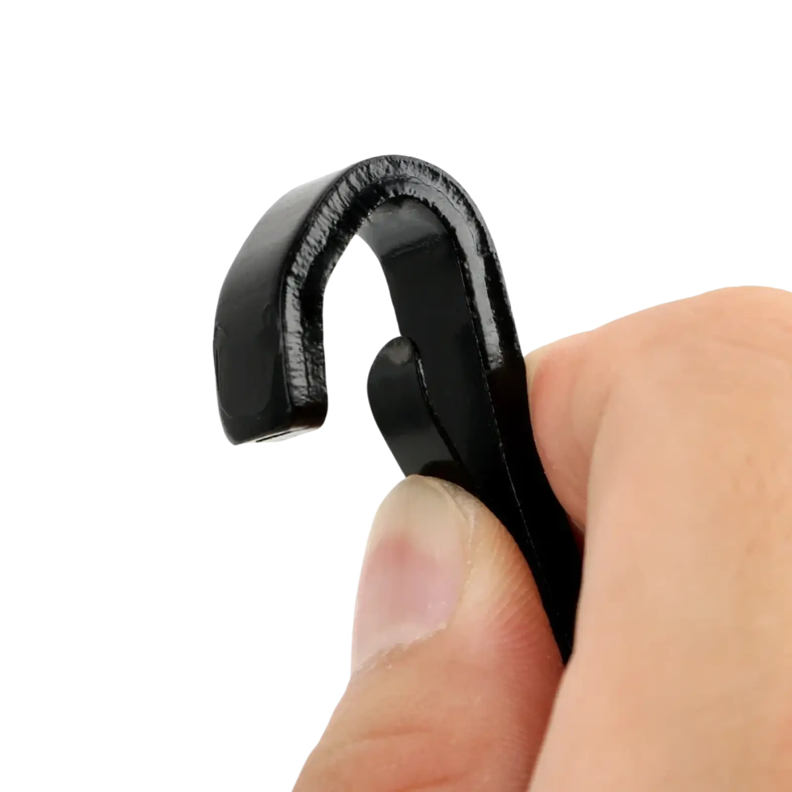 Black plastic universal Isofix car seat belt extender hook with smooth glossy finish and rounded edges