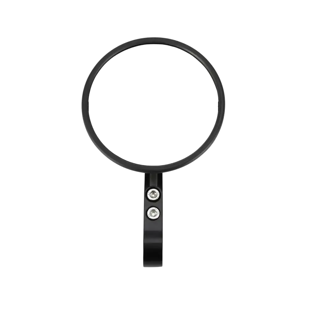 Black circular universal motorcycle aluminum round rearview mirror with 102mm diameter and sleek metallic frame shown from back side