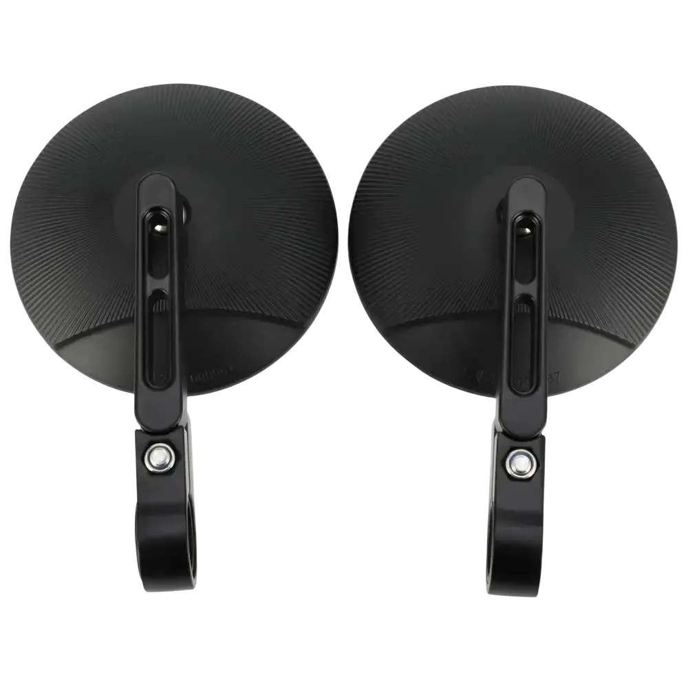 Black circular universal motorcycle aluminum round rearview mirrors with textured brushed finish and sleek mounting brackets