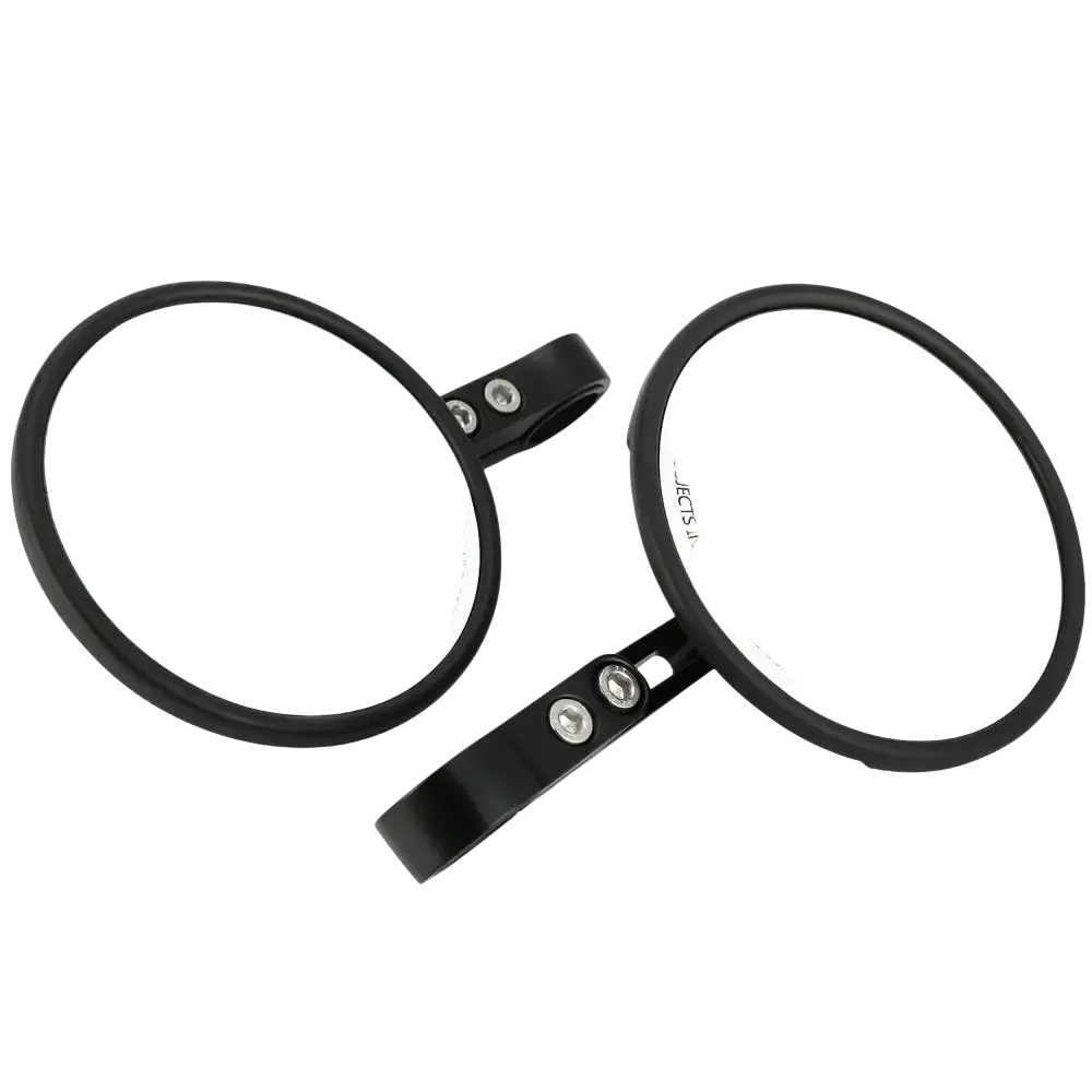 Black circular universal motorcycle aluminum round rearview mirrors with sleek matte finish and chrome screws shown from back side