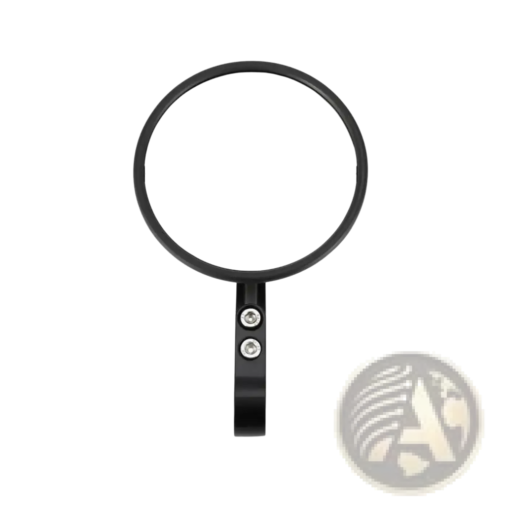 Black circular universal motorcycle aluminum round rearview mirror with 102mm diameter and sleek metallic frame shown from back side