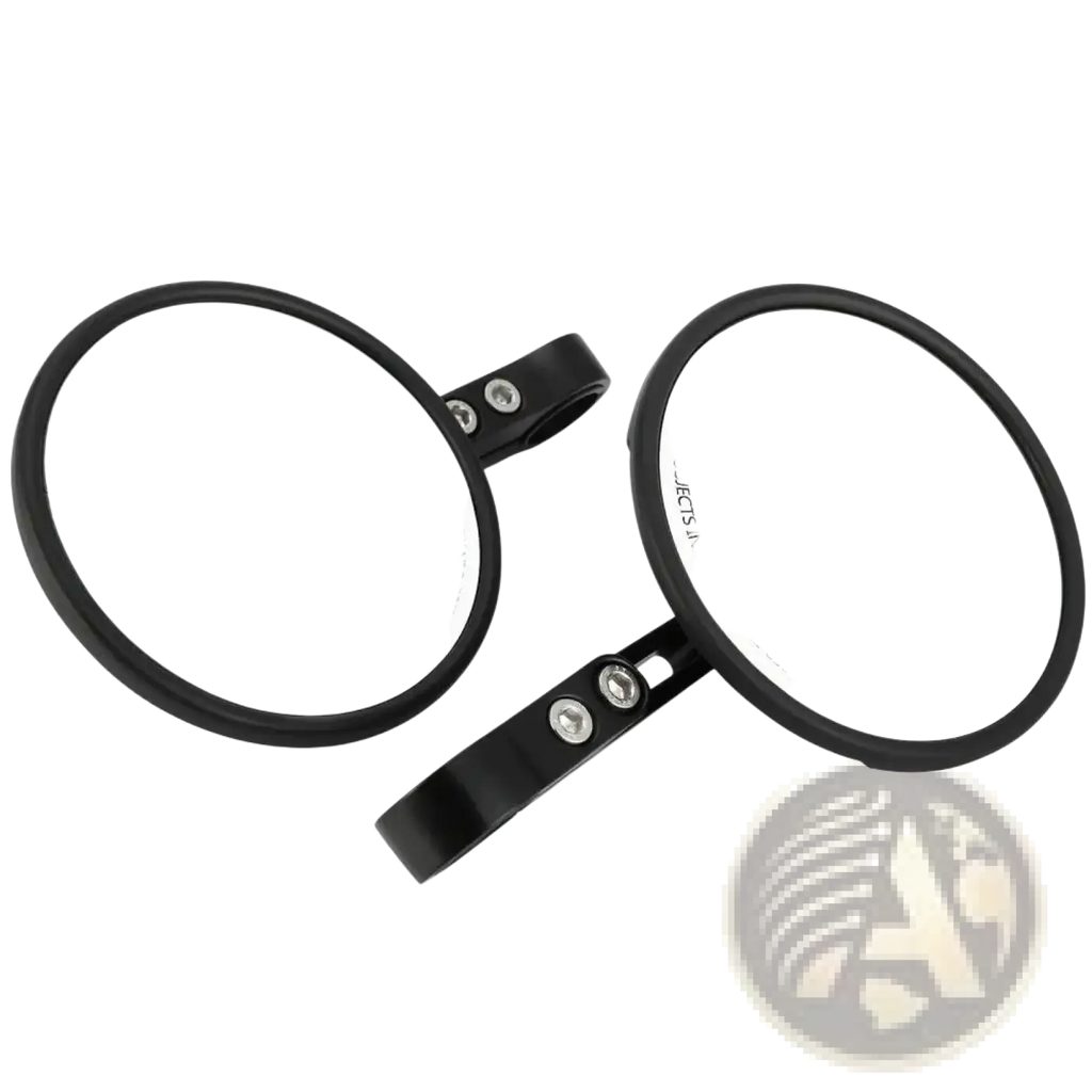 Black circular universal motorcycle aluminum round rearview mirrors with sleek matte finish and chrome screws shown from back side