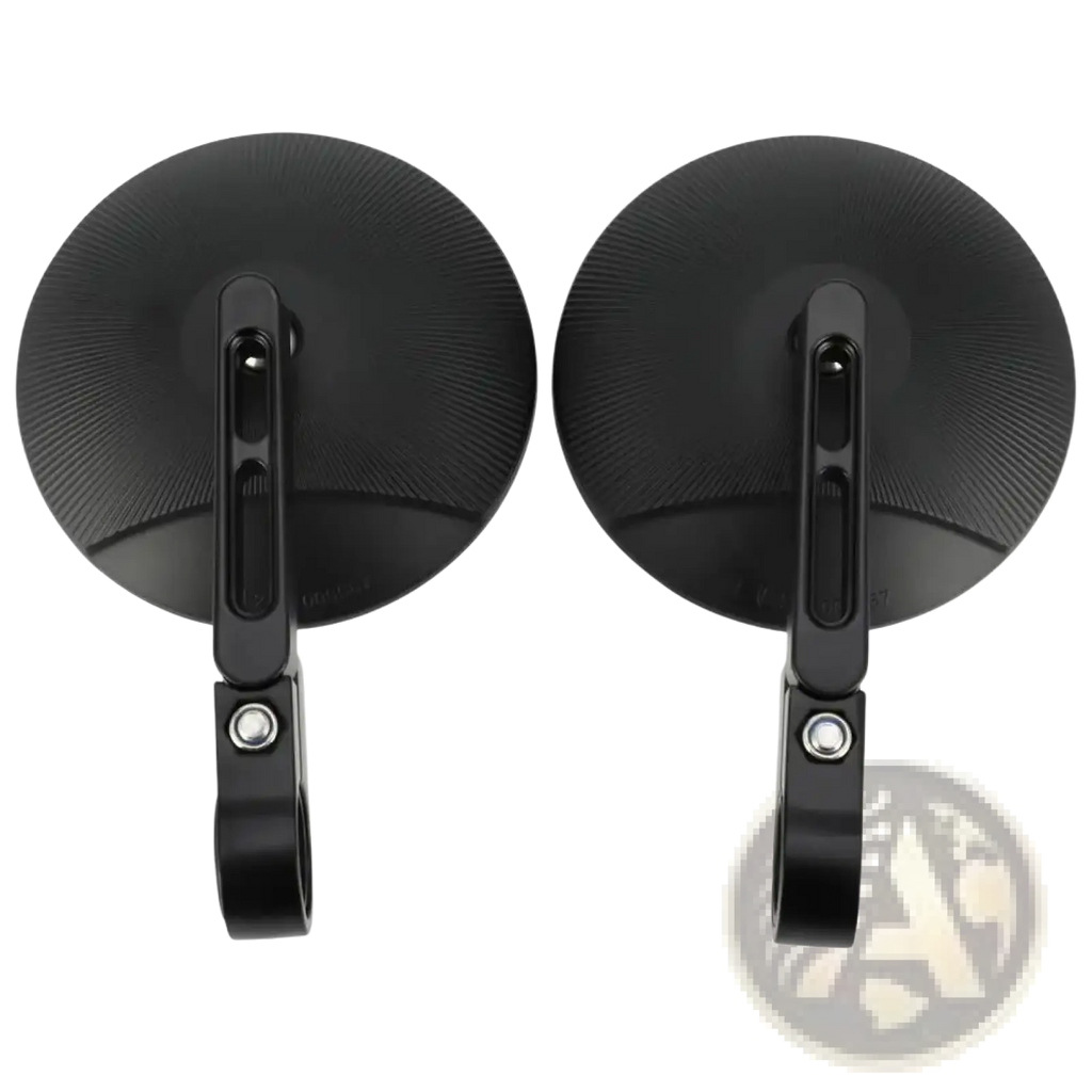 Black circular universal motorcycle aluminum round rearview mirrors with textured brushed finish and sleek mounting brackets