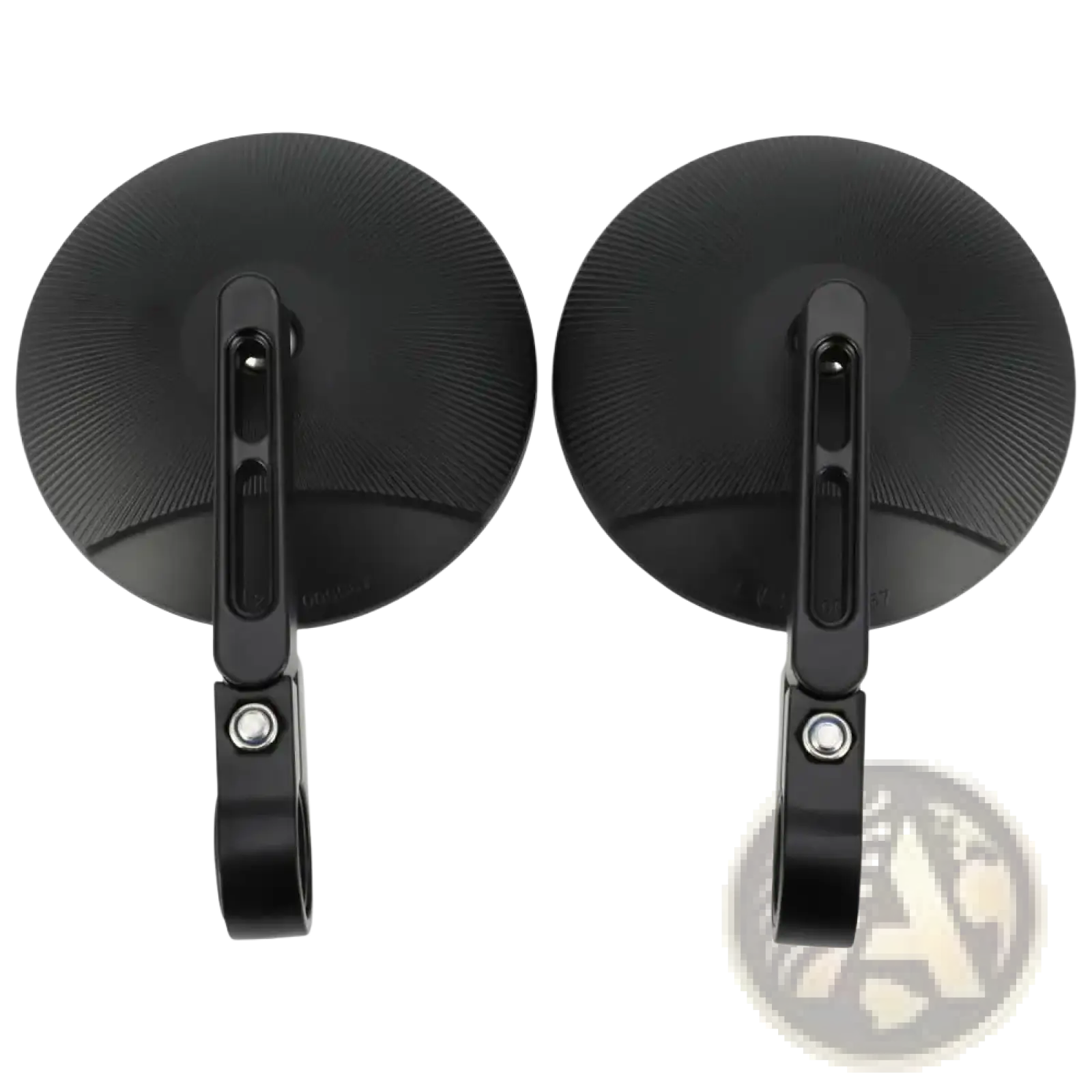 Black circular universal motorcycle aluminum round rearview mirrors with textured brushed finish and sleek mounting brackets