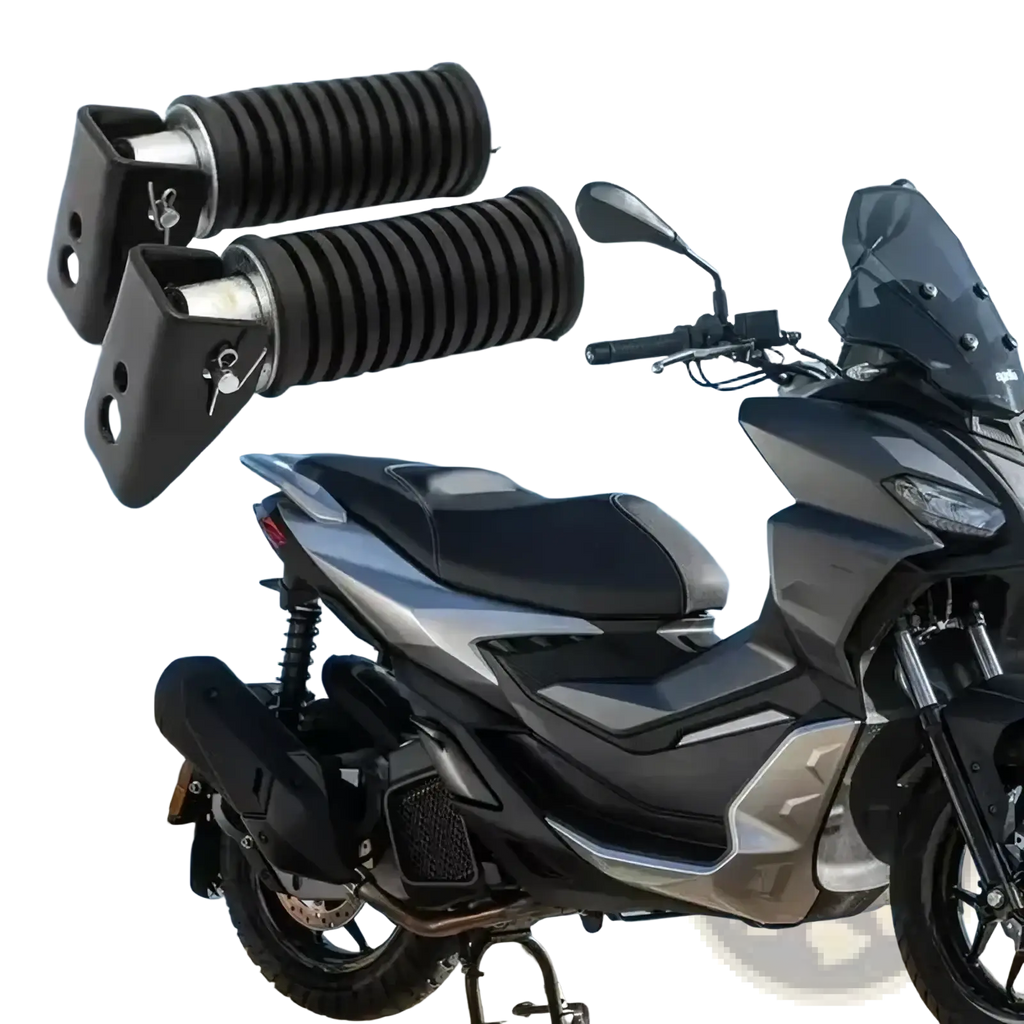 Black aluminum universal motorcycle folding foot pegs with ribbed handlebar grips and keyhole-mounted brackets visible