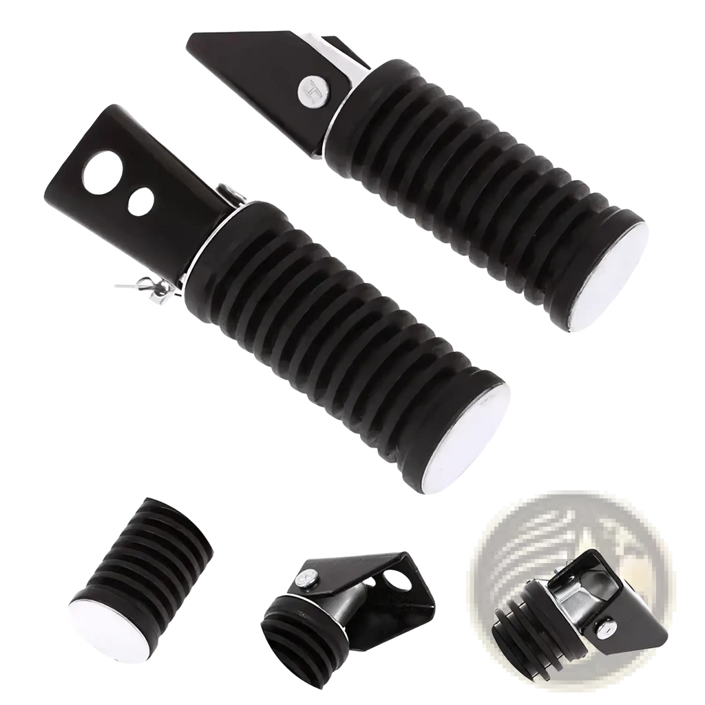 Black universal motorcycle folding foot pegs with ribbed texture white end caps made of aluminum