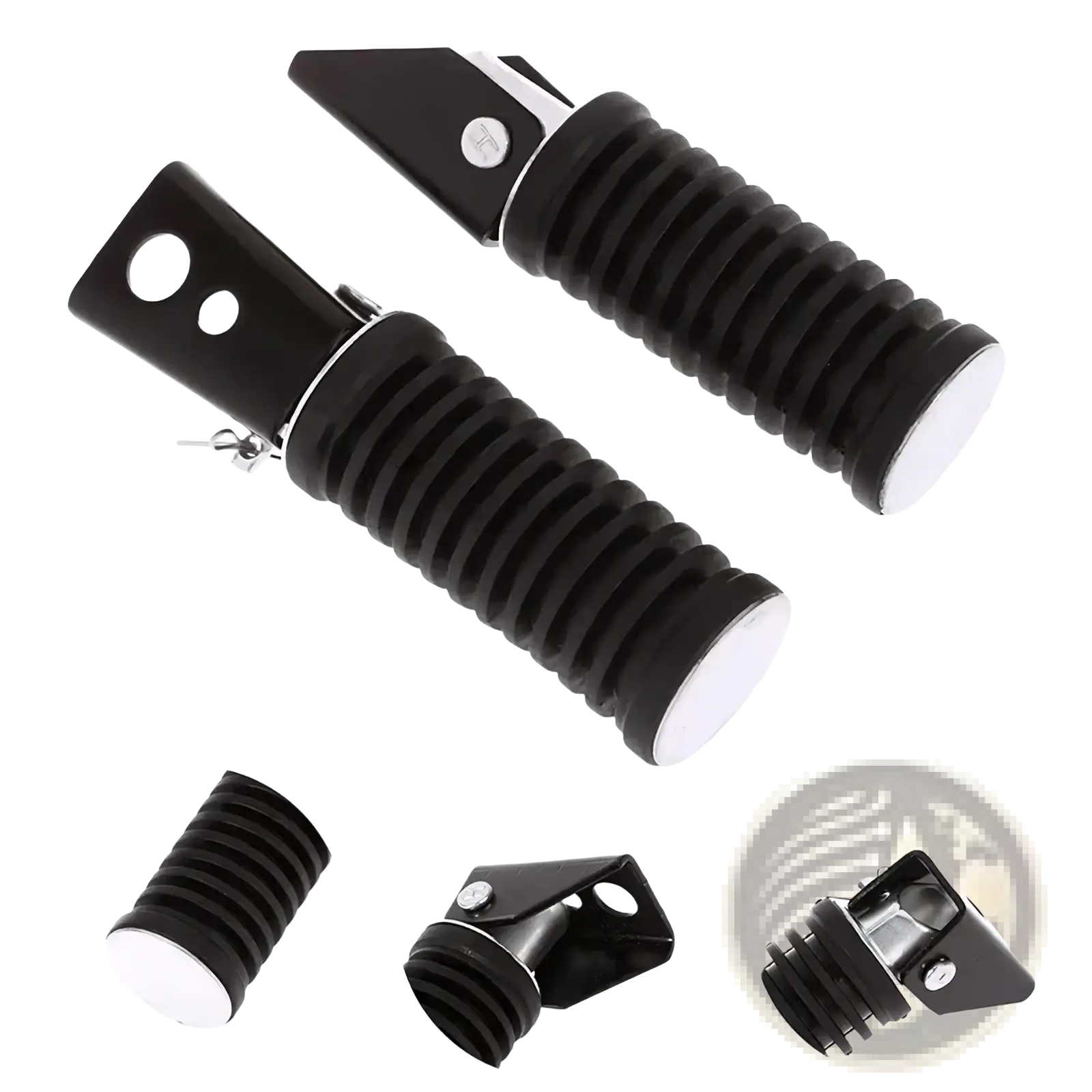 Black universal motorcycle folding foot pegs with ribbed texture white end caps made of aluminum