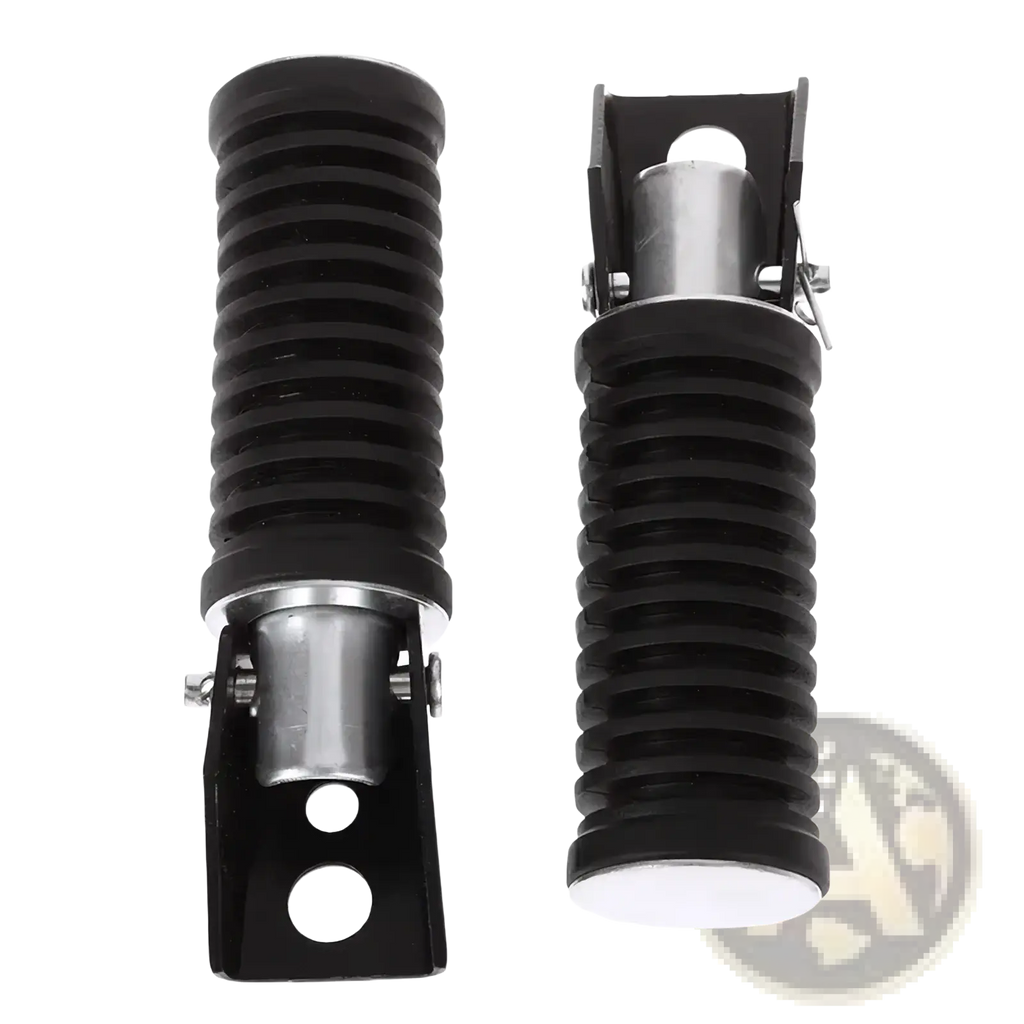 Black ribbed universal motorcycle folding foot pegs with black aluminum and metallic silver mounting hardware visible