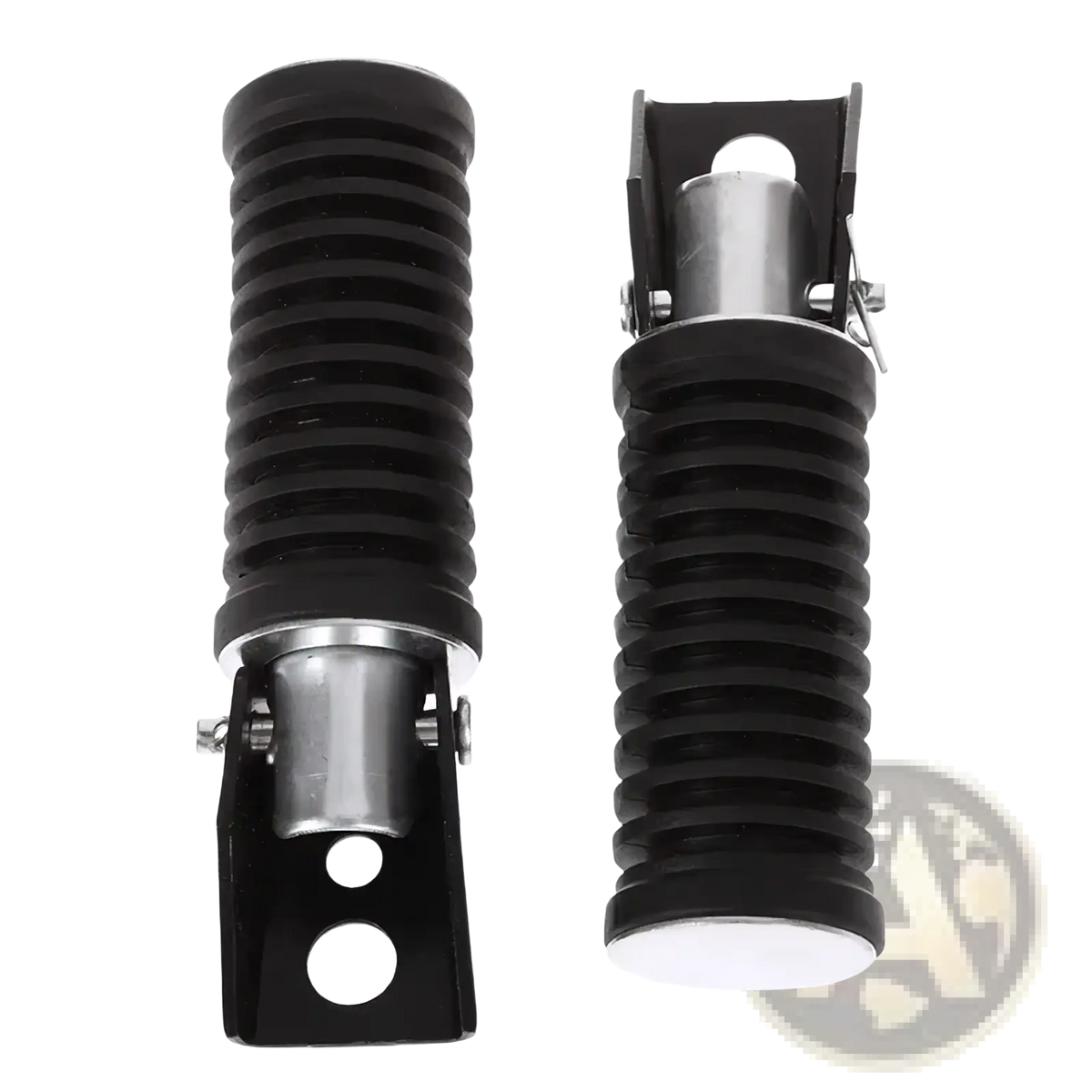 Black ribbed universal motorcycle folding foot pegs with black aluminum and metallic silver mounting hardware visible