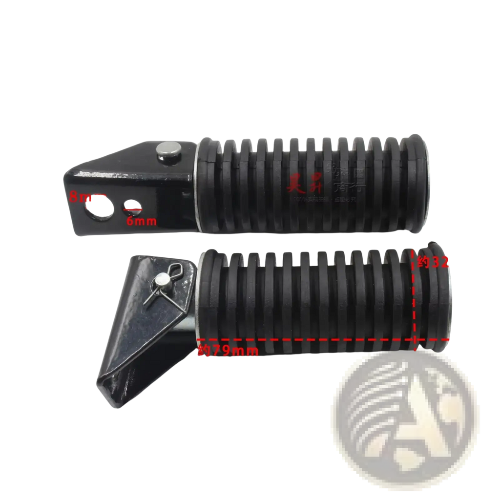 Black rubber motorcycle foot pegs with ribbed texture and metal mounting brackets for universal folding aluminum design