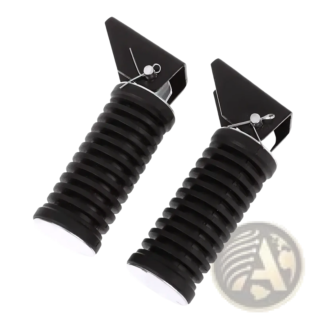 Black rubber-coated metal handles with ribbed texture and triangular mounting brackets for universal motorcycle folding foot pegs
