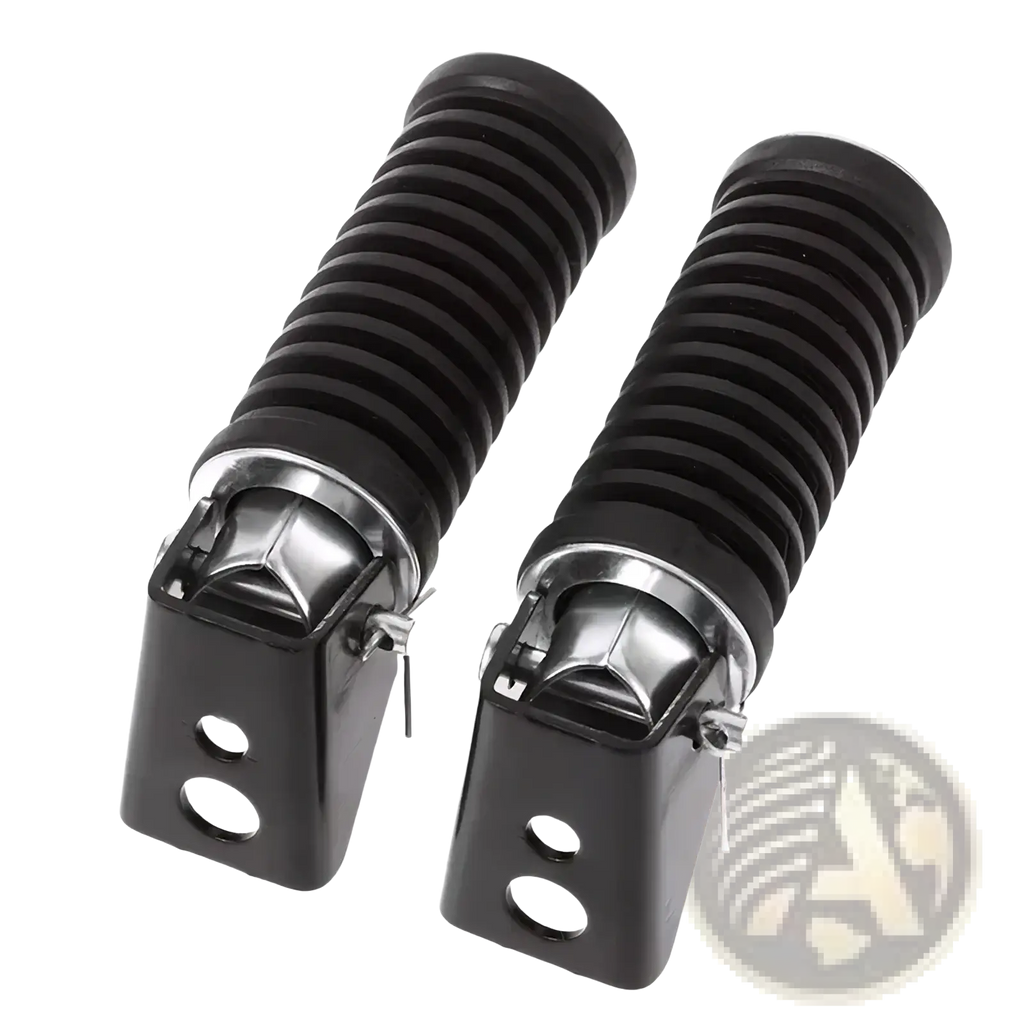 Black rubber-coated universal motorcycle folding foot pegs with chrome aluminum metal fittings shown from the back side