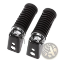 Black rubber-coated universal motorcycle folding foot pegs with chrome aluminum metal fittings shown from the back side