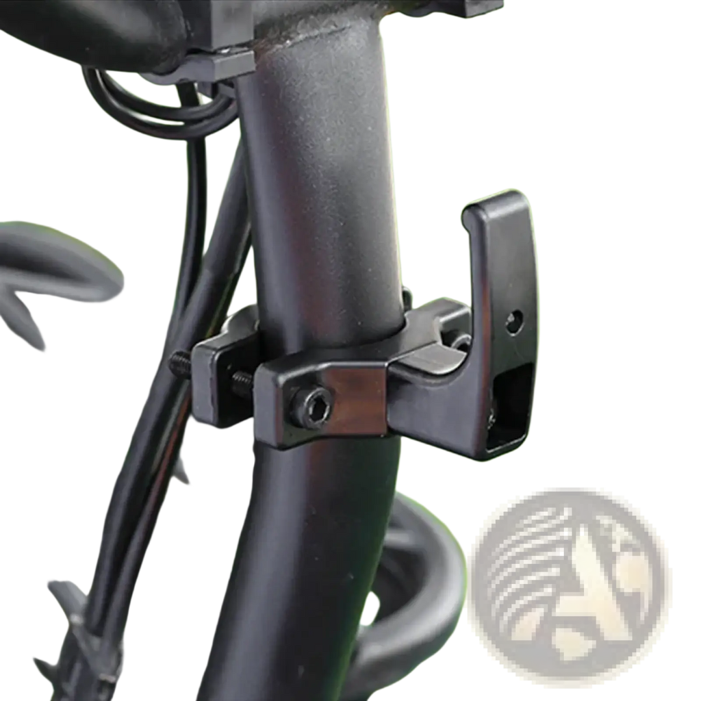 Black metal motorcycle helmet bag hook hanger with lever mechanism and seat post clamp for universal use