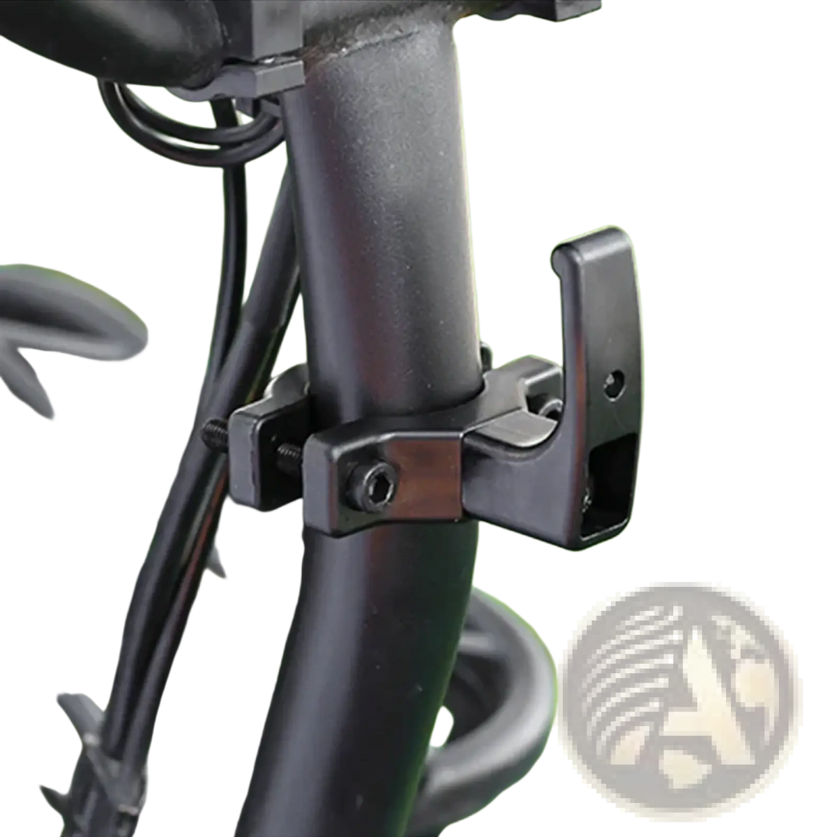 Black metal motorcycle helmet bag hook hanger with lever mechanism and seat post clamp for universal use